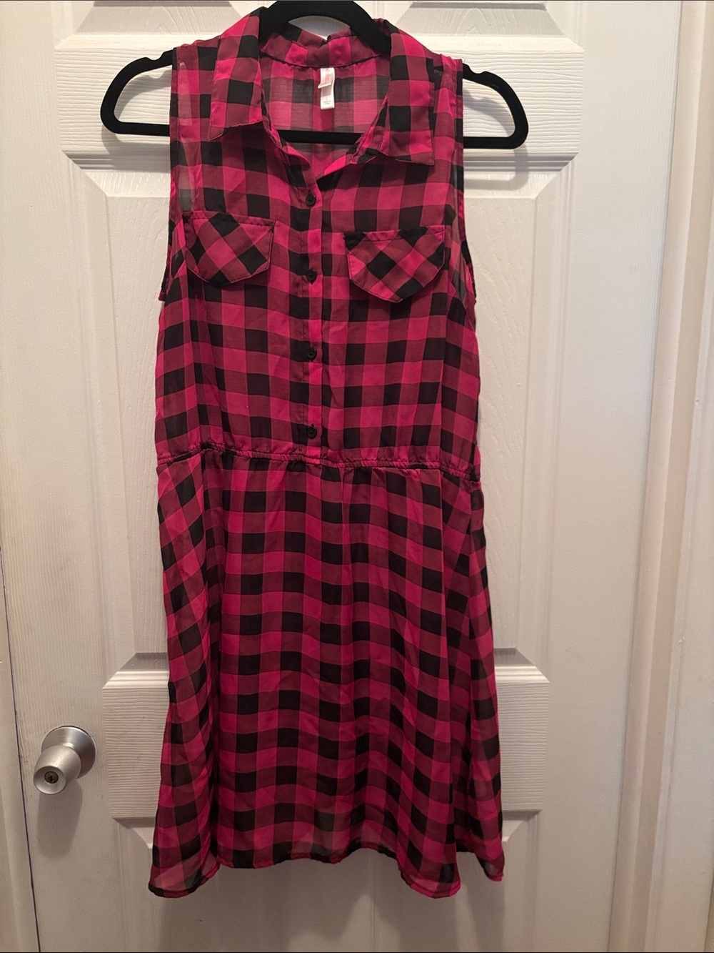 Sleeveless Pink and Black Plaid Sheer Shirt Dress